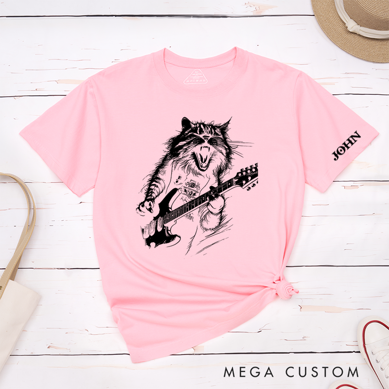 Personalized Classic T-Shirts Rockin' Cat Tee Feline Cool Cat Graphic for Music Lovers and Rock Fans Gift