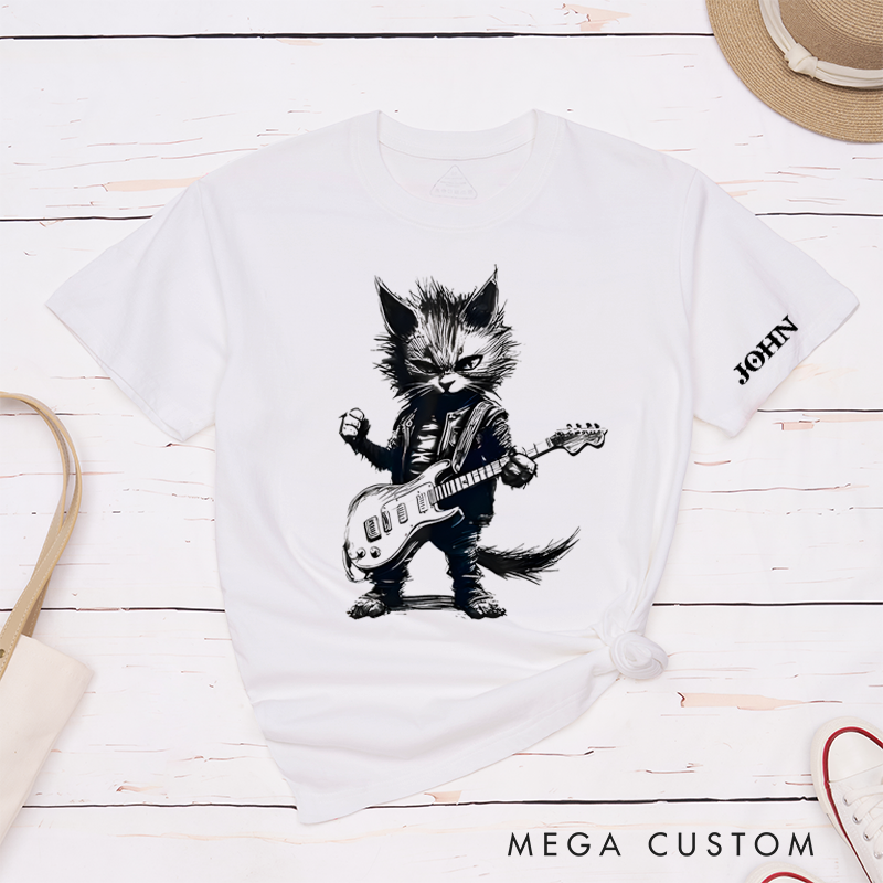 Personalized Classic T-Shirts Rockin' Cat Tee Feline Cool Cat Graphic for Music Lovers and Rock Fans Gift
