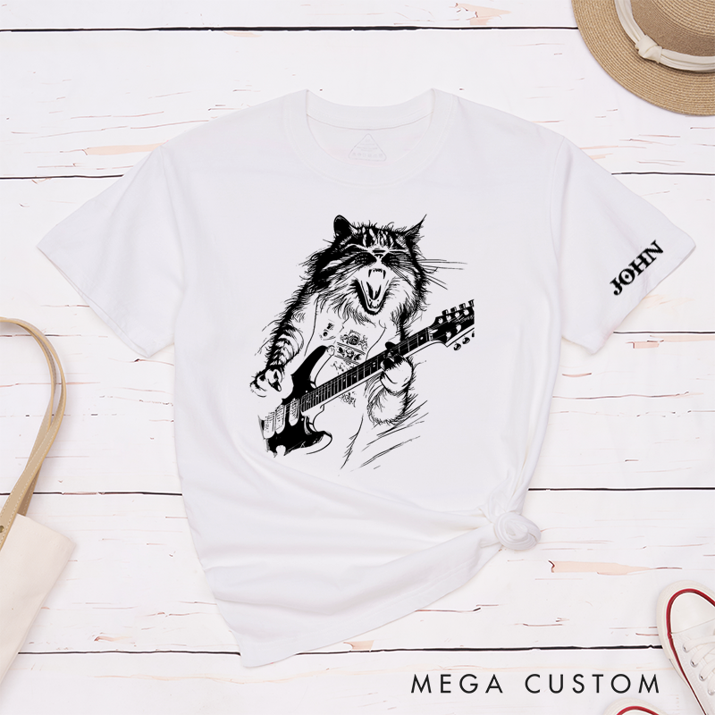 Personalized Classic T-Shirts Rockin' Cat Tee Feline Cool Cat Graphic for Music Lovers and Rock Fans Gift
