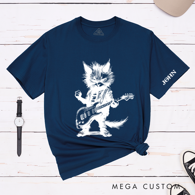 Personalized Classic T-Shirts Rockin' Cat Tee Feline Cool Cat Graphic for Music Lovers and Rock Fans Gift
