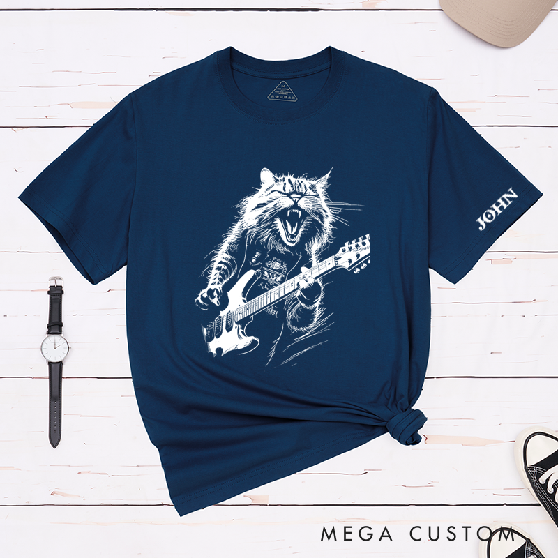 Personalized Classic T-Shirts Rockin' Cat Tee Feline Cool Cat Graphic for Music Lovers and Rock Fans Gift