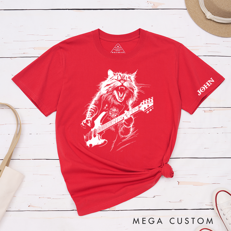 Personalized Classic T-Shirts Rockin' Cat Tee Feline Cool Cat Graphic for Music Lovers and Rock Fans Gift