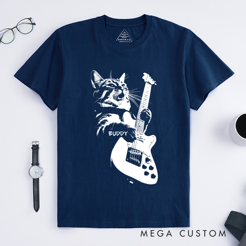 Personalized Classic T-Shirts Rocking Cat T-Shirt and Cool Electric Guitar Graphic Tee