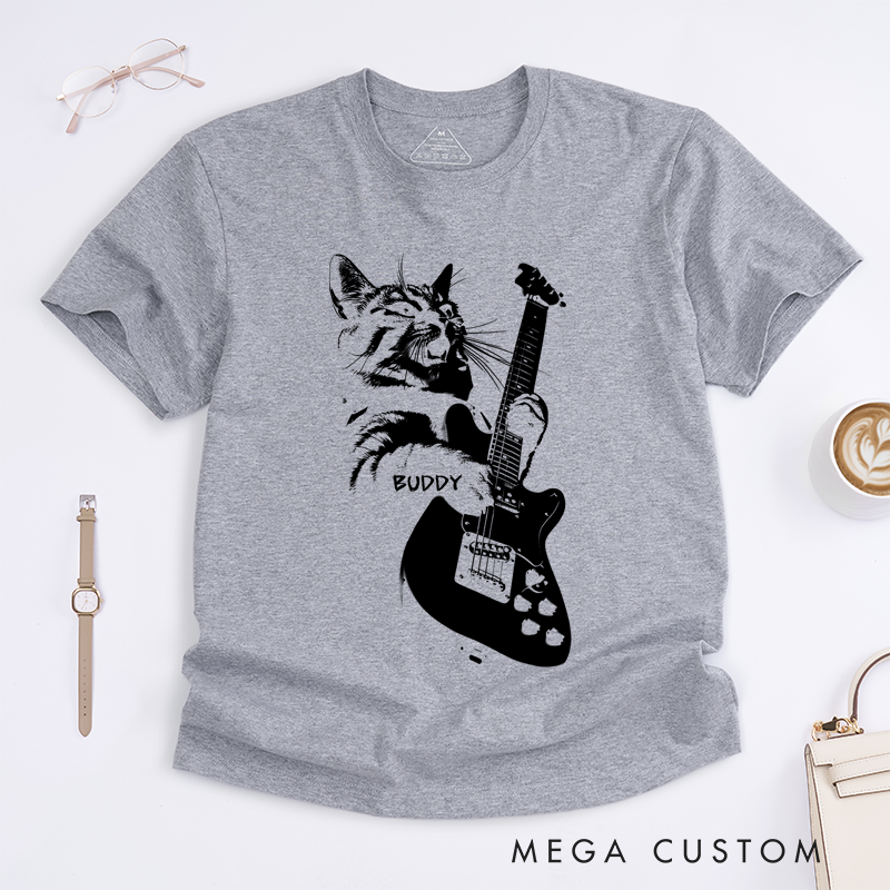 Personalized Classic T-Shirts Rocking Cat T-Shirt and Cool Electric Guitar Graphic Tee