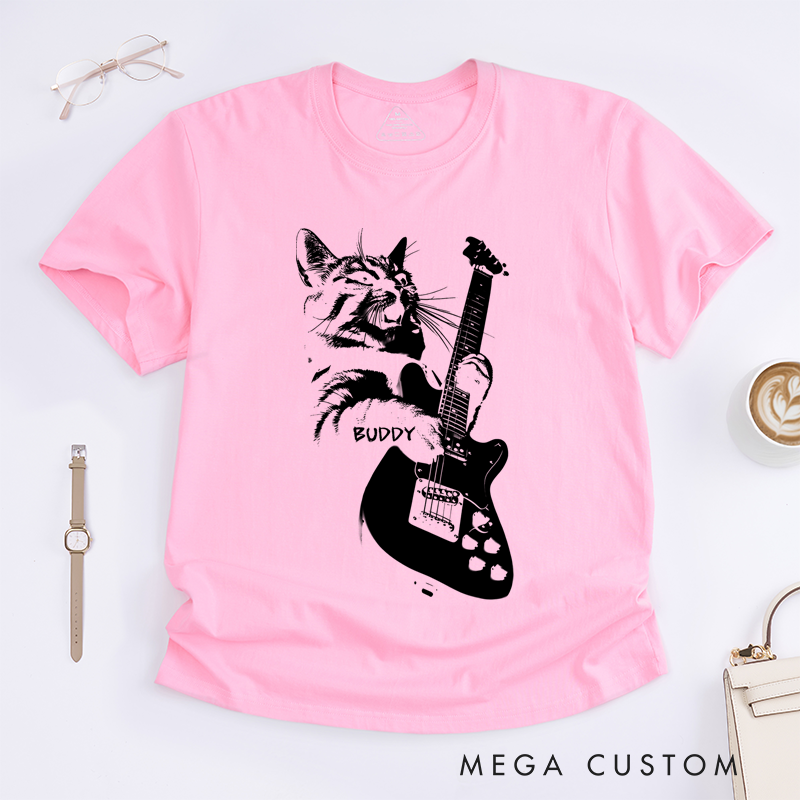 Personalized Classic T-Shirts Rocking Cat T-Shirt and Cool Electric Guitar Graphic Tee