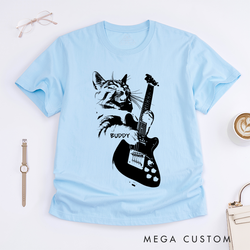 Personalized Classic T-Shirts Rocking Cat T-Shirt and Cool Electric Guitar Graphic Tee