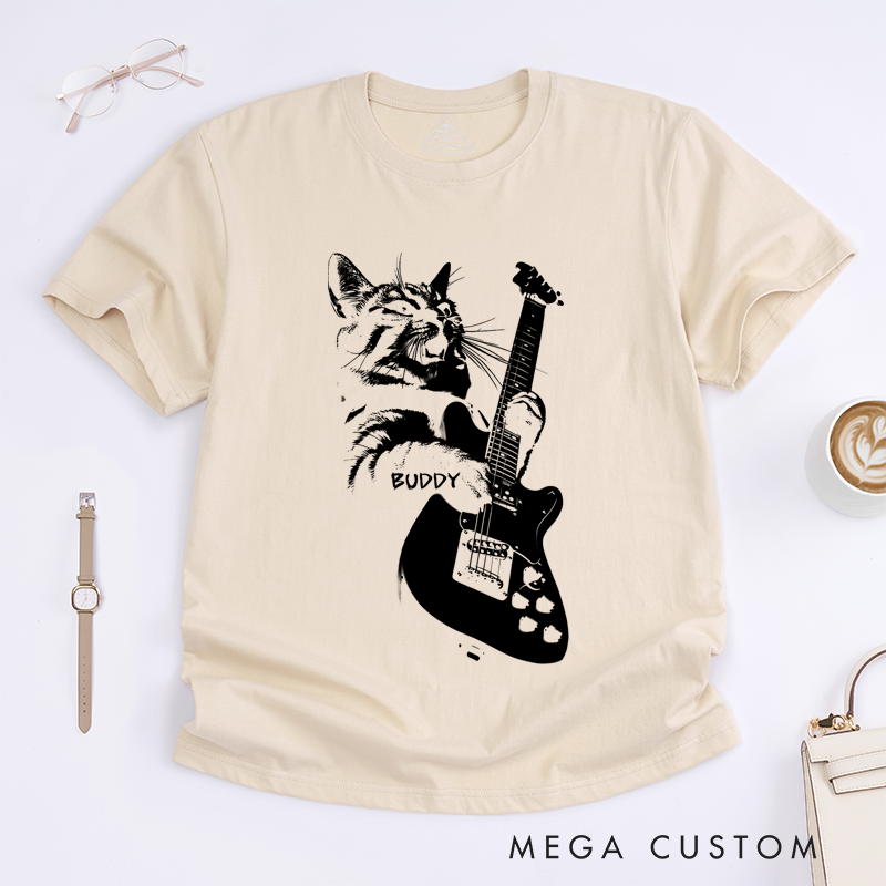 Personalized Classic T-Shirts Rocking Cat T-Shirt and Cool Electric Guitar Graphic Tee