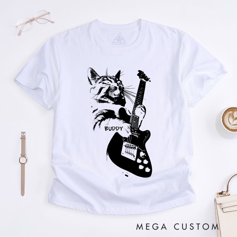 Personalized Classic T-Shirts Rocking Cat T-Shirt and Cool Electric Guitar Graphic Tee