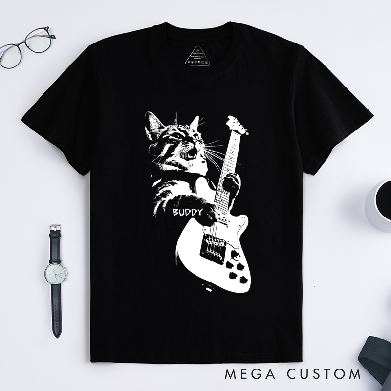 Personalized Classic T-Shirts Rocking Cat T-Shirt and Cool Electric Guitar Graphic Tee