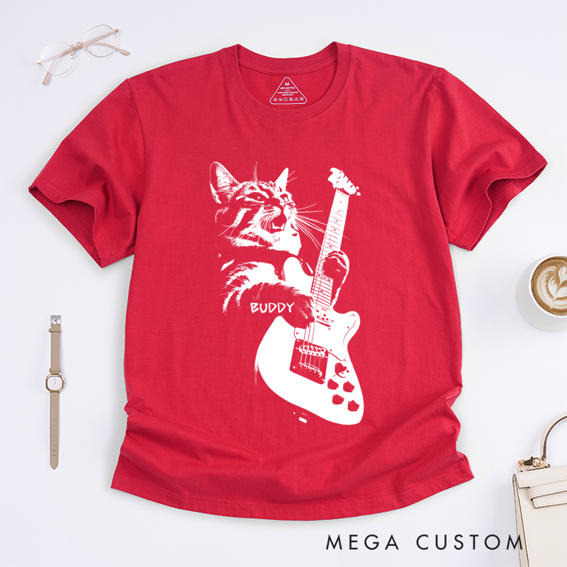 Personalized Classic T-Shirts Rocking Cat T-Shirt and Cool Electric Guitar Graphic Tee