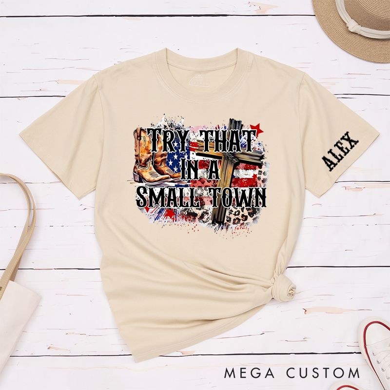 Personalized Classic T-Shirts Small Town Pride and Rustic Western Tee Patriotic Cross and Boots Perfect Gift for Country Music Lover and Patriots