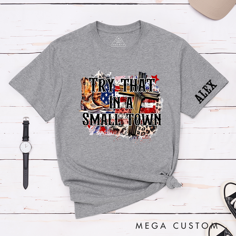 Personalized Classic T-Shirts Small Town Pride and Rustic Western Tee Patriotic Cross and Boots Perfect Gift for Country Music Lover and Patriots
