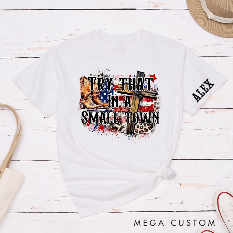 Personalized Classic T-Shirts Small Town Pride and Rustic Western Tee Patriotic Cross and Boots Perfect Gift for Country Music Lover and Patriots