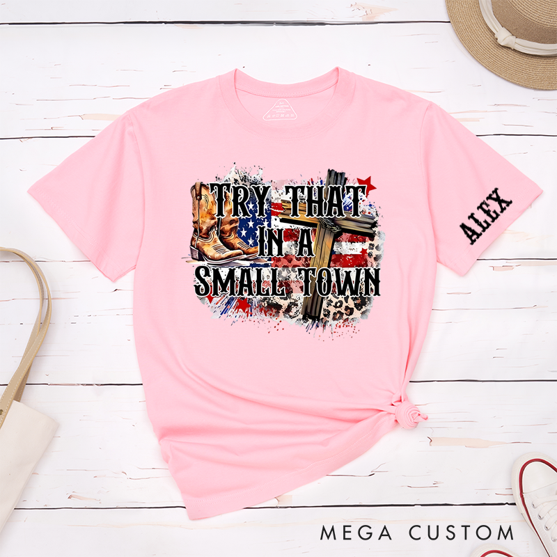 Personalized Classic T-Shirts Small Town Pride and Rustic Western Tee Patriotic Cross and Boots Perfect Gift for Country Music Lover and Patriots