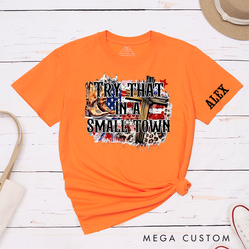 Personalized Classic T-Shirts Small Town Pride and Rustic Western Tee Patriotic Cross and Boots Perfect Gift for Country Music Lover and Patriots