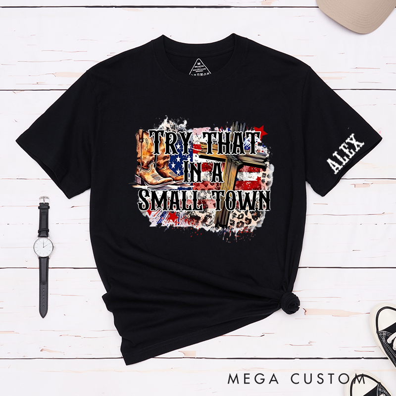 Personalized Classic T-Shirts Small Town Pride and Rustic Western Tee Patriotic Cross and Boots Perfect Gift for Country Music Lover and Patriots