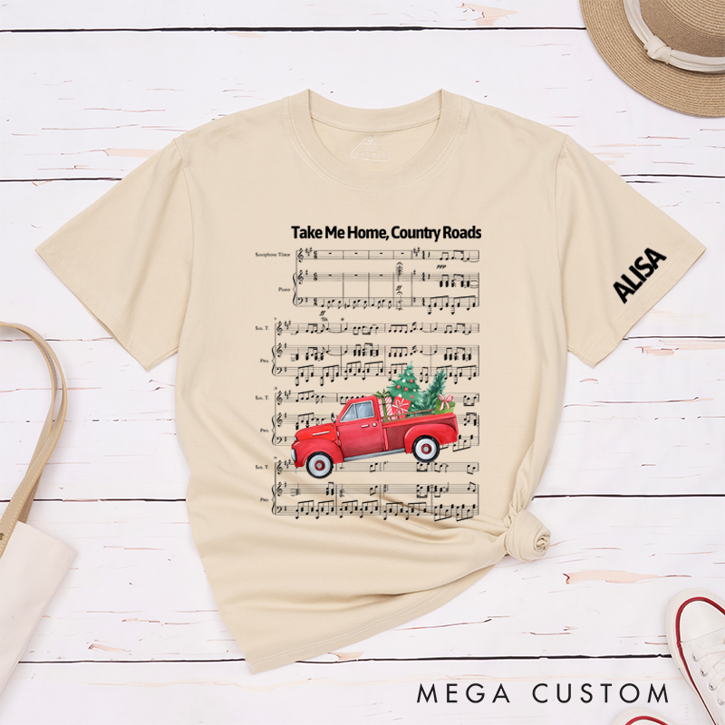Personalized Classic T-Shirts Vintage Country Roads and Rustic Red Truck Design with Sheet Music Background Tee