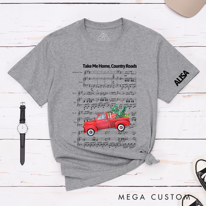 Personalized Classic T-Shirts Vintage Country Roads and Rustic Red Truck Design with Sheet Music Background Tee