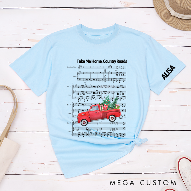 Personalized Classic T-Shirts Vintage Country Roads and Rustic Red Truck Design with Sheet Music Background Tee