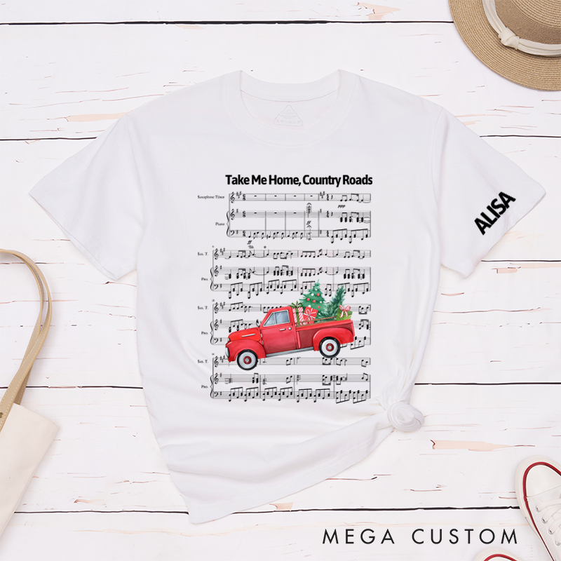 Personalized Classic T-Shirts Vintage Country Roads and Rustic Red Truck Design with Sheet Music Background Tee