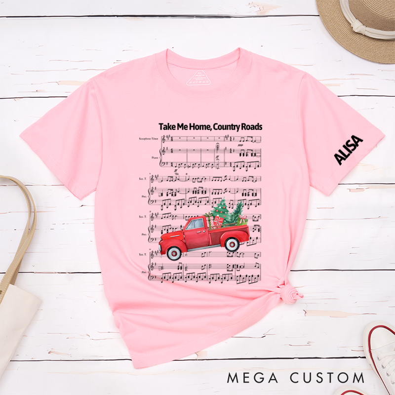 Personalized Classic T-Shirts Vintage Country Roads and Rustic Red Truck Design with Sheet Music Background Tee