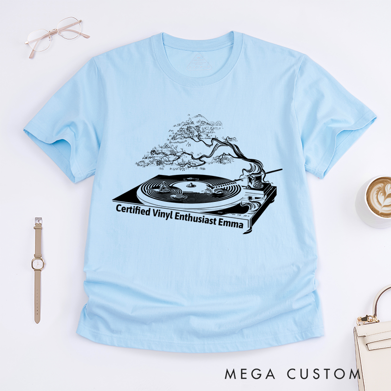 Personalized Classic T-Shirts Vinyl Record Player and Unique Bonsai Tree and Turntable Tee Perfect for Music Lovers and Retro Vinyl Enthusiasts