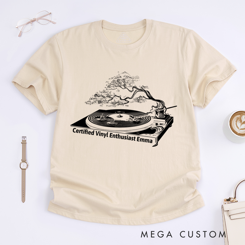 Personalized Classic T-Shirts Vinyl Record Player and Unique Bonsai Tree and Turntable Tee Perfect for Music Lovers and Retro Vinyl Enthusiasts