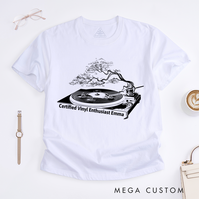 Personalized Classic T-Shirts Vinyl Record Player and Unique Bonsai Tree and Turntable Tee Perfect for Music Lovers and Retro Vinyl Enthusiasts