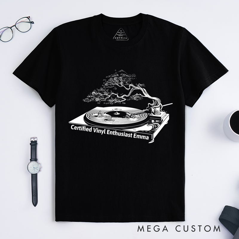 Personalized Classic T-Shirts Vinyl Record Player and Unique Bonsai Tree and Turntable Tee Perfect for Music Lovers and Retro Vinyl Enthusiasts