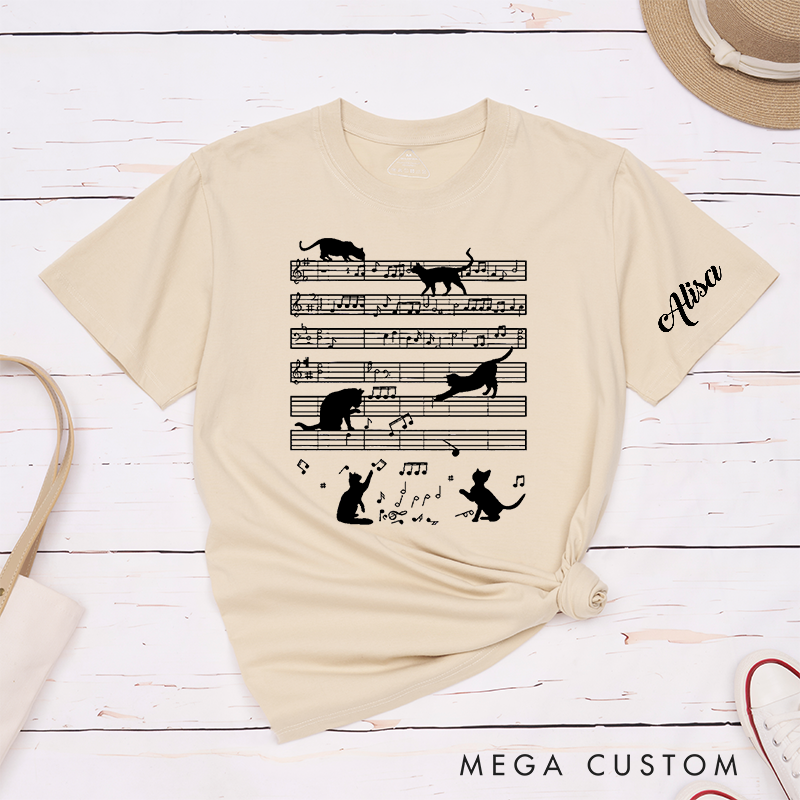 Personalized Classic T-Shirts Whimsical Cat Music Notes and Cute Feline Silhouettes on Musical Sheet and Playful Cat Lovers Gift