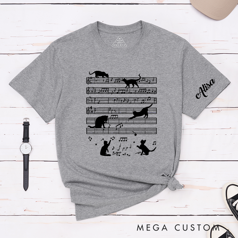 Personalized Classic T-Shirts Whimsical Cat Music Notes and Cute Feline Silhouettes on Musical Sheet and Playful Cat Lovers Gift