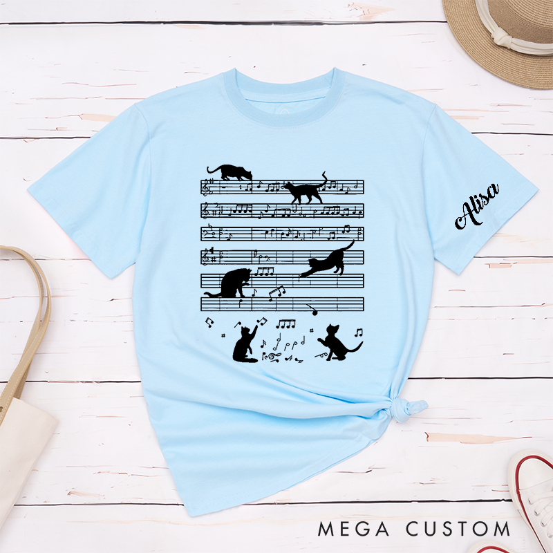 Personalized Classic T-Shirts Whimsical Cat Music Notes and Cute Feline Silhouettes on Musical Sheet and Playful Cat Lovers Gift