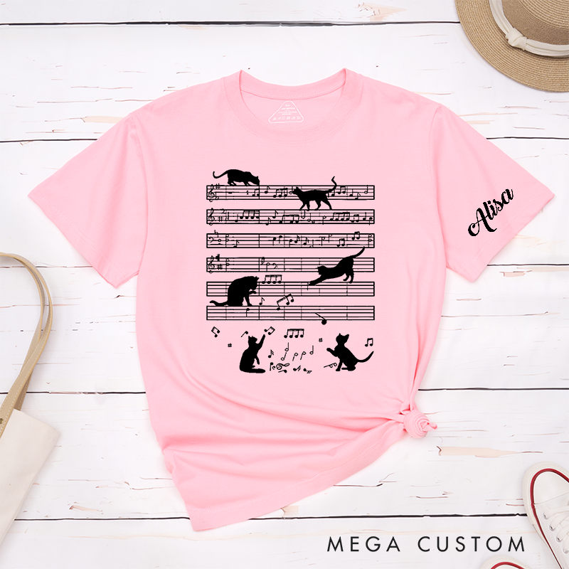 Personalized Classic T-Shirts Whimsical Cat Music Notes and Cute Feline Silhouettes on Musical Sheet and Playful Cat Lovers Gift