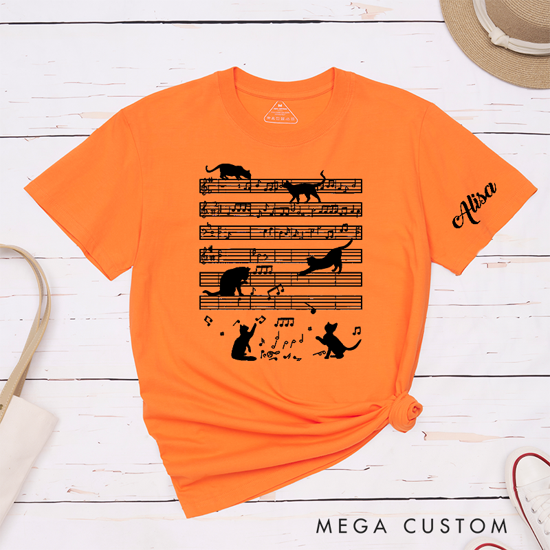 Personalized Classic T-Shirts Whimsical Cat Music Notes and Cute Feline Silhouettes on Musical Sheet and Playful Cat Lovers Gift