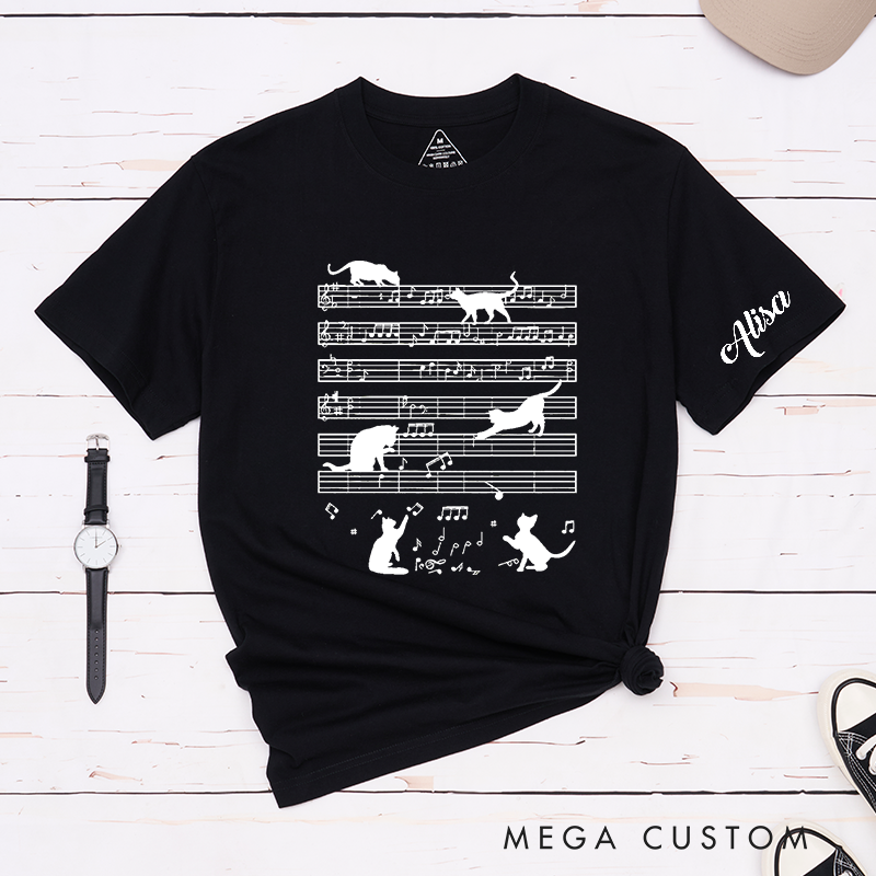 Personalized Classic T-Shirts Whimsical Cat Music Notes and Cute Feline Silhouettes on Musical Sheet and Playful Cat Lovers Gift