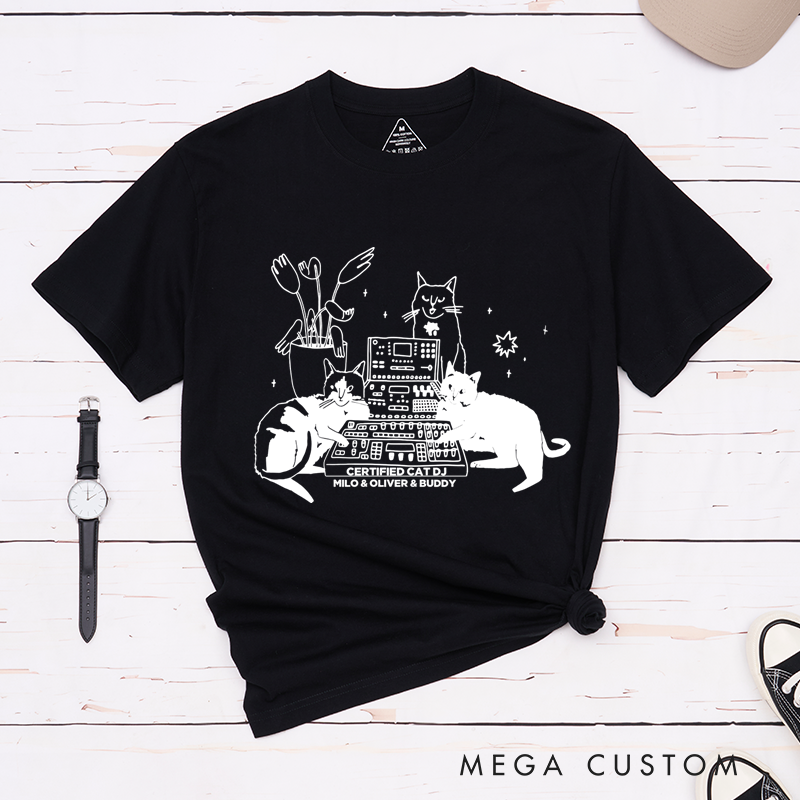 Personalized Classic T-Shirts with Cat Sitting on Synthesizer and DJ Cat Illustration and Available in Multiple Colors