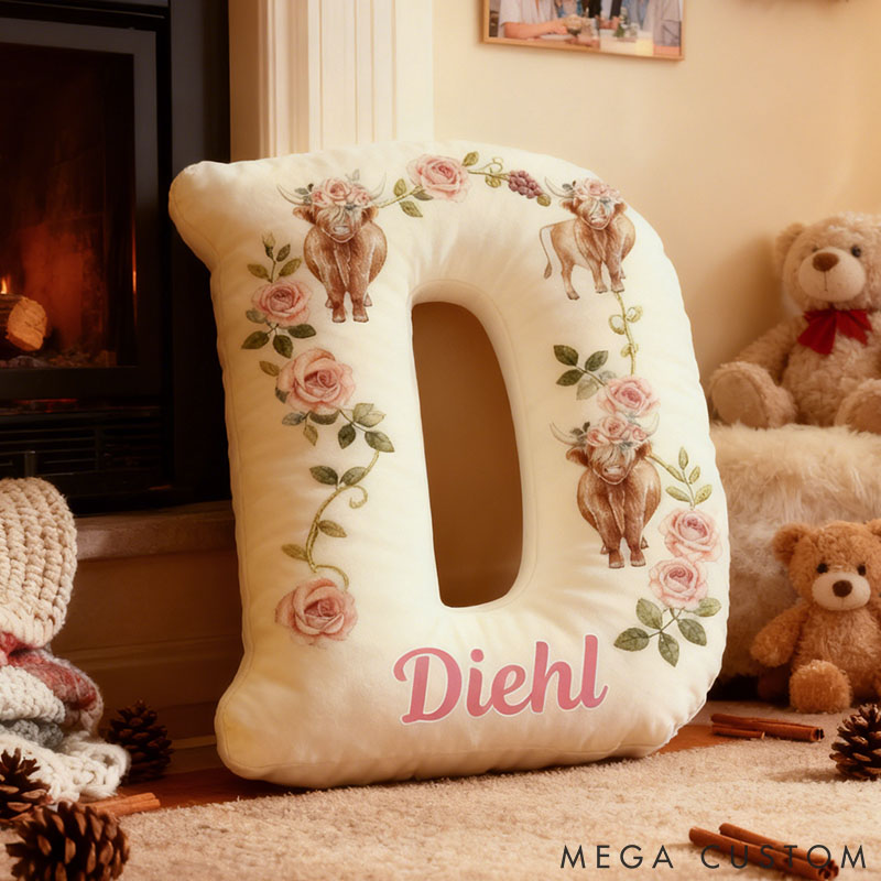 Personalized Cow Lover Flower Letter Pillow with Custom Name Graphic 3D Print