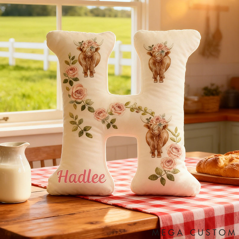 Personalized Cow Lover Flower Letter Pillow with Custom Name Graphic 3D Print