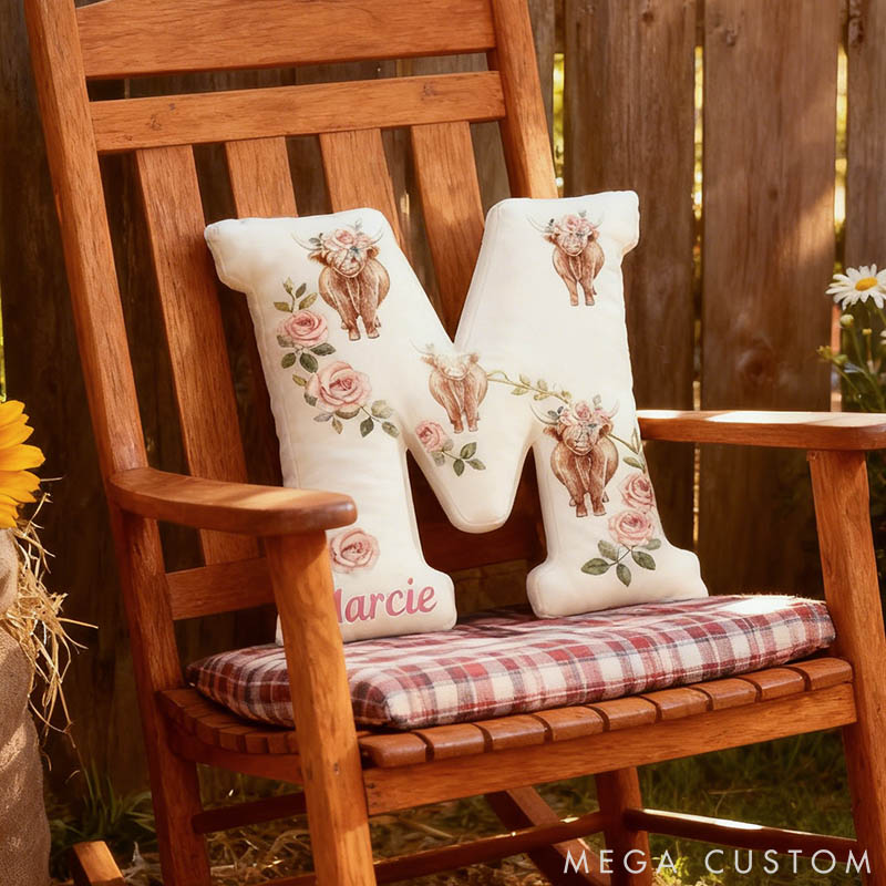 Personalized Cow Lover Flower Letter Pillow with Custom Name Graphic 3D Print