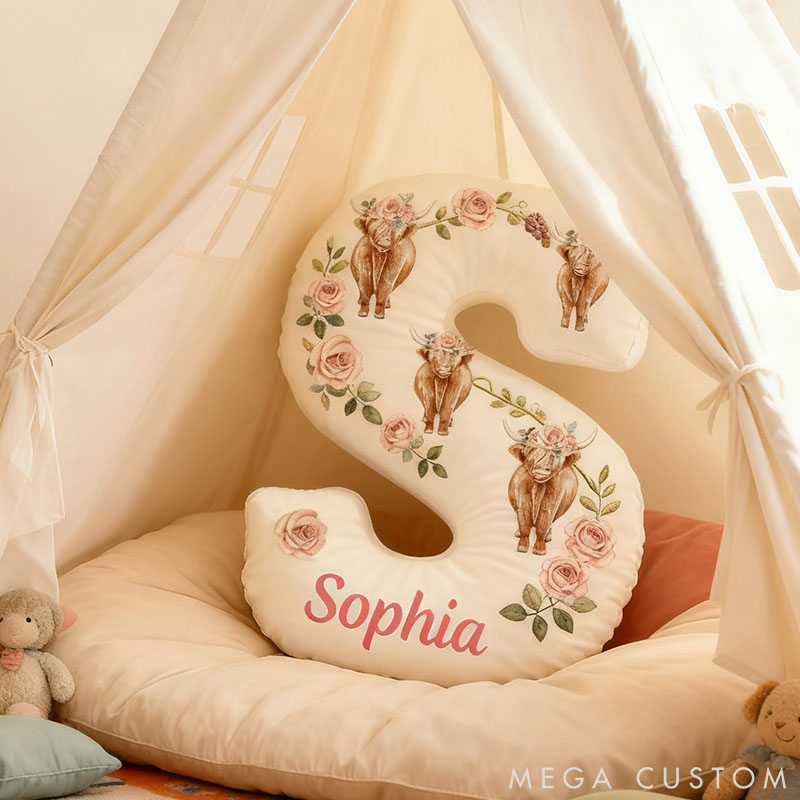 Personalized Cow Lover Flower Letter Pillow with Custom Name Graphic 3D Print