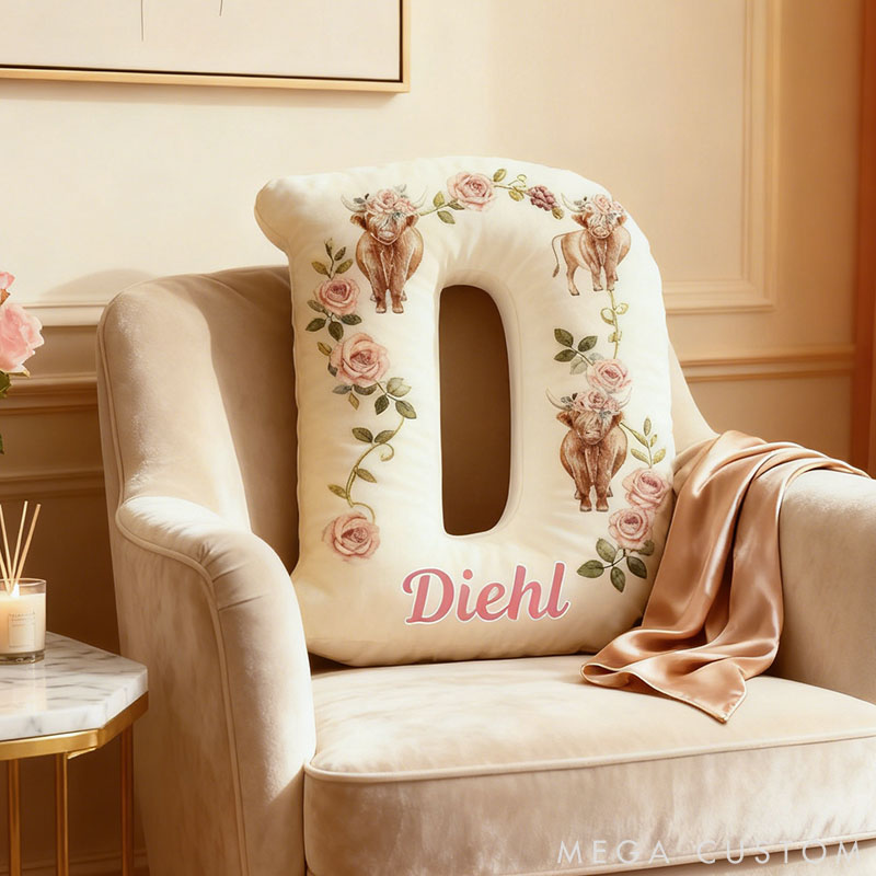 Personalized Cow Lover Flower Letter Pillow with Custom Name Graphic 3D Print