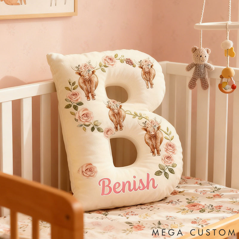 Personalized Cow Lover Flower Letter Pillow with Custom Name Graphic 3D Print
