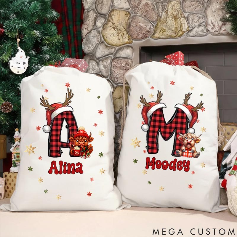 Personalized Cow Lover Highland Cow Christmas Initial with Name and Year Christmas Sack