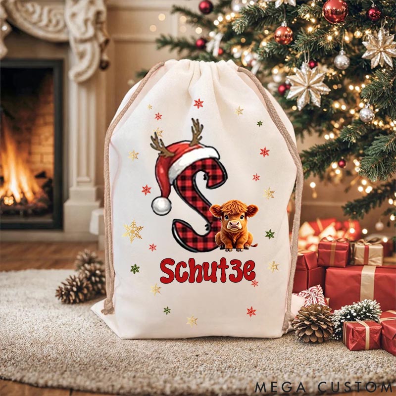 Personalized Cow Lover Highland Cow Christmas Initial with Name and Year Christmas Sack
