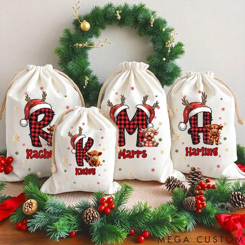 Personalized Cow Lover Highland Cow Christmas Initial with Name and Year Christmas Sack