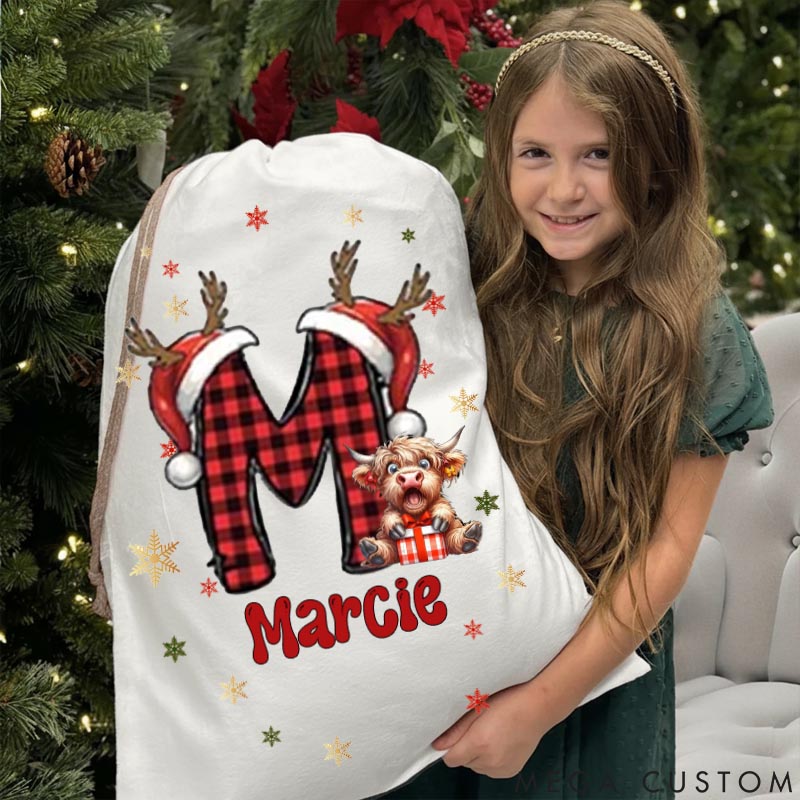 Personalized Cow Lover Highland Cow Christmas Initial with Name and Year Christmas Sack