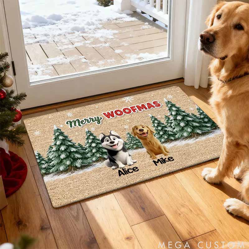 Personalized Dog Lover 3D Effect Snowy Christmas Tree Beautiful Dog Merry Woofmas Christmas Doormat