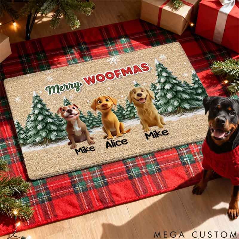 Personalized Dog Lover 3D Effect Snowy Christmas Tree Beautiful Dog Merry Woofmas Christmas Doormat