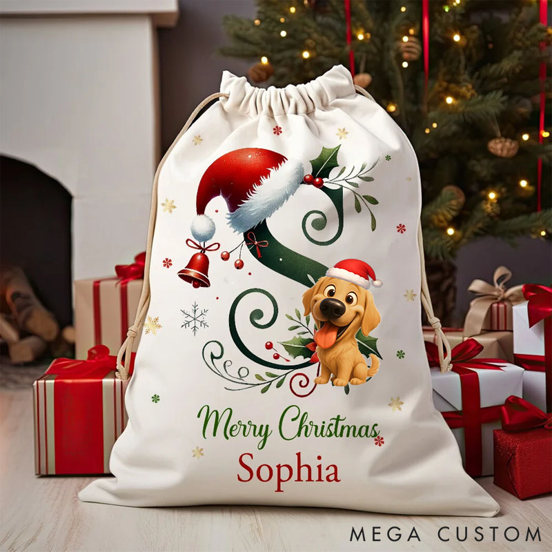 Personalized Dog Lover Bell Santa Hat Initial Drawstring Canvas Gift Bag with Name Christmas Party Gift Christmas Sack