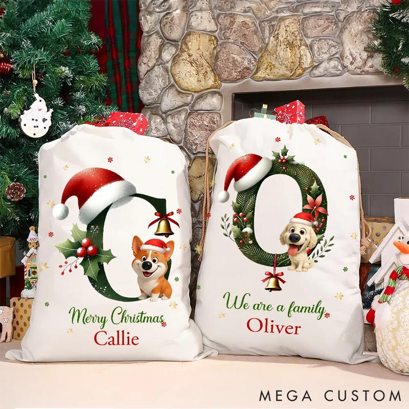 Personalized Dog Lover Bell Santa Hat Initial Drawstring Canvas Gift Bag with Name Christmas Party Gift Christmas Sack